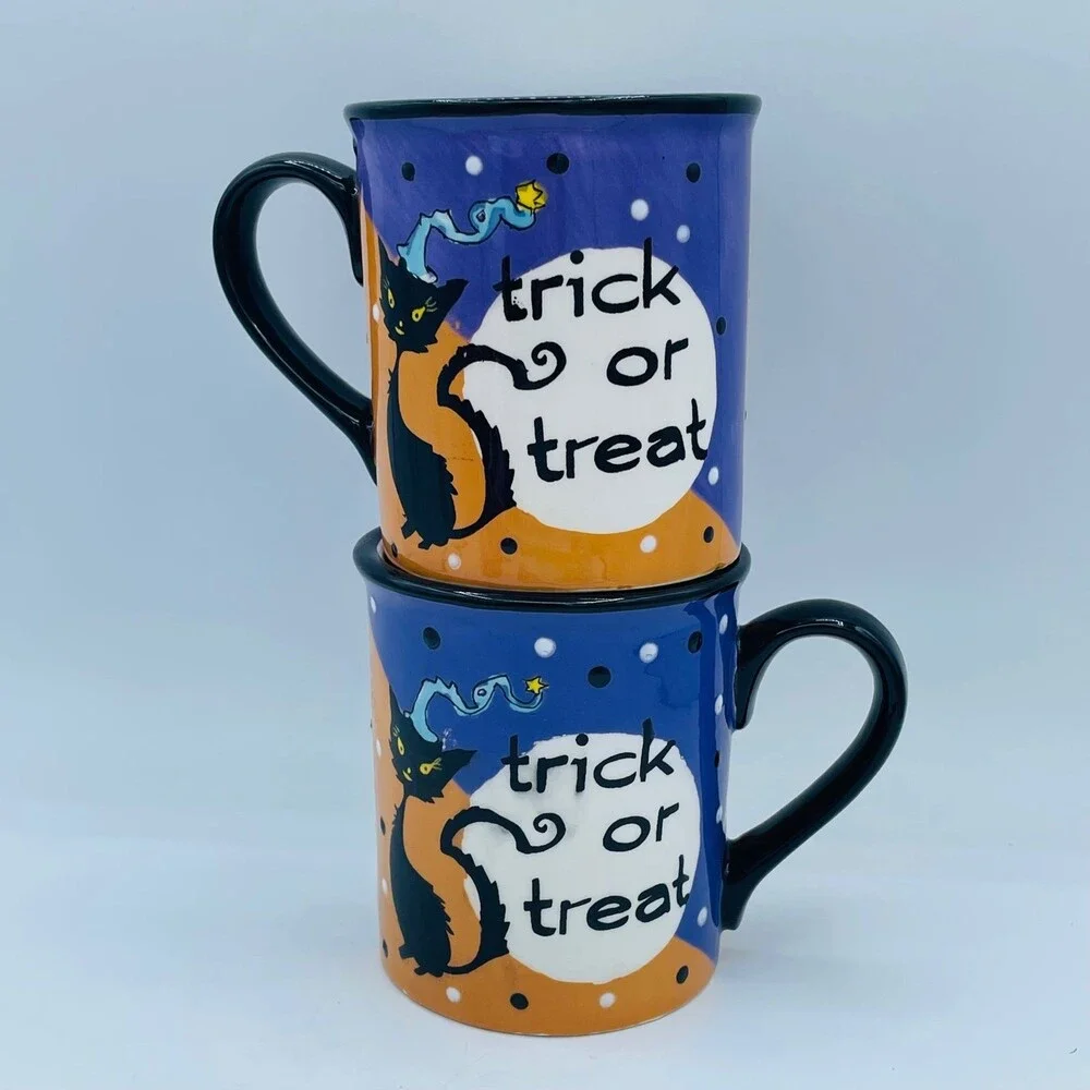 Halloween Pair of Black Cat Trick or Treat Full Moon Coffee Tea Mugs